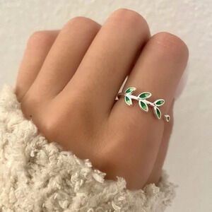 925 Sterling Silver Leaf Wrap Ring Green Dainty Boho Ring Green Leaf Ring